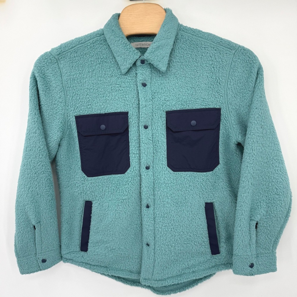 Outerknown Shirt Jacket Women Large Teal Chromatic High Pile Fleece Snap Front